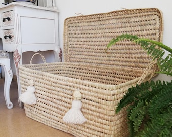 Toy storage chest with off-white pom poms | Natural woven basket organizer | Playroom nursery decor | large wicker boho toy box