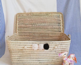 Toy storage box with pom poms - Large storage trunk - woven trunk - large wicker toy box - lidded toy box - kids room baby shower gift