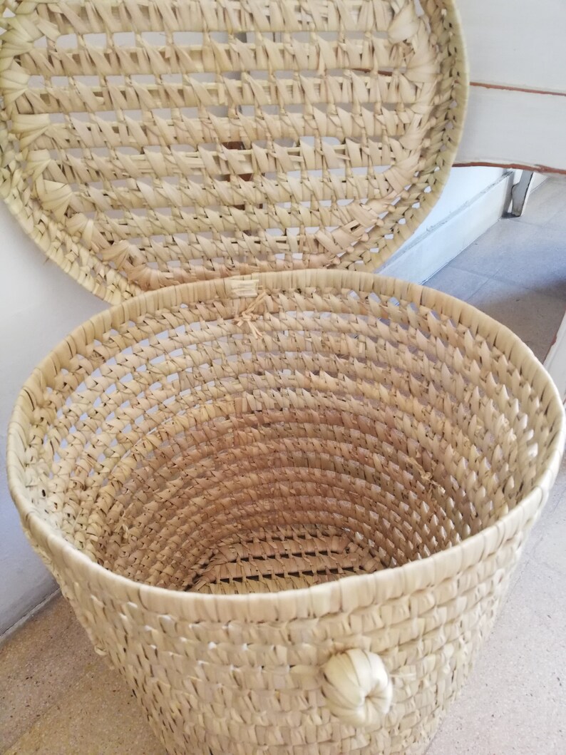 lidded storage basket storage solutions Toy basket with lid in palm leaf and reed toy box storage box panier \u00e0 linge wicker chest
