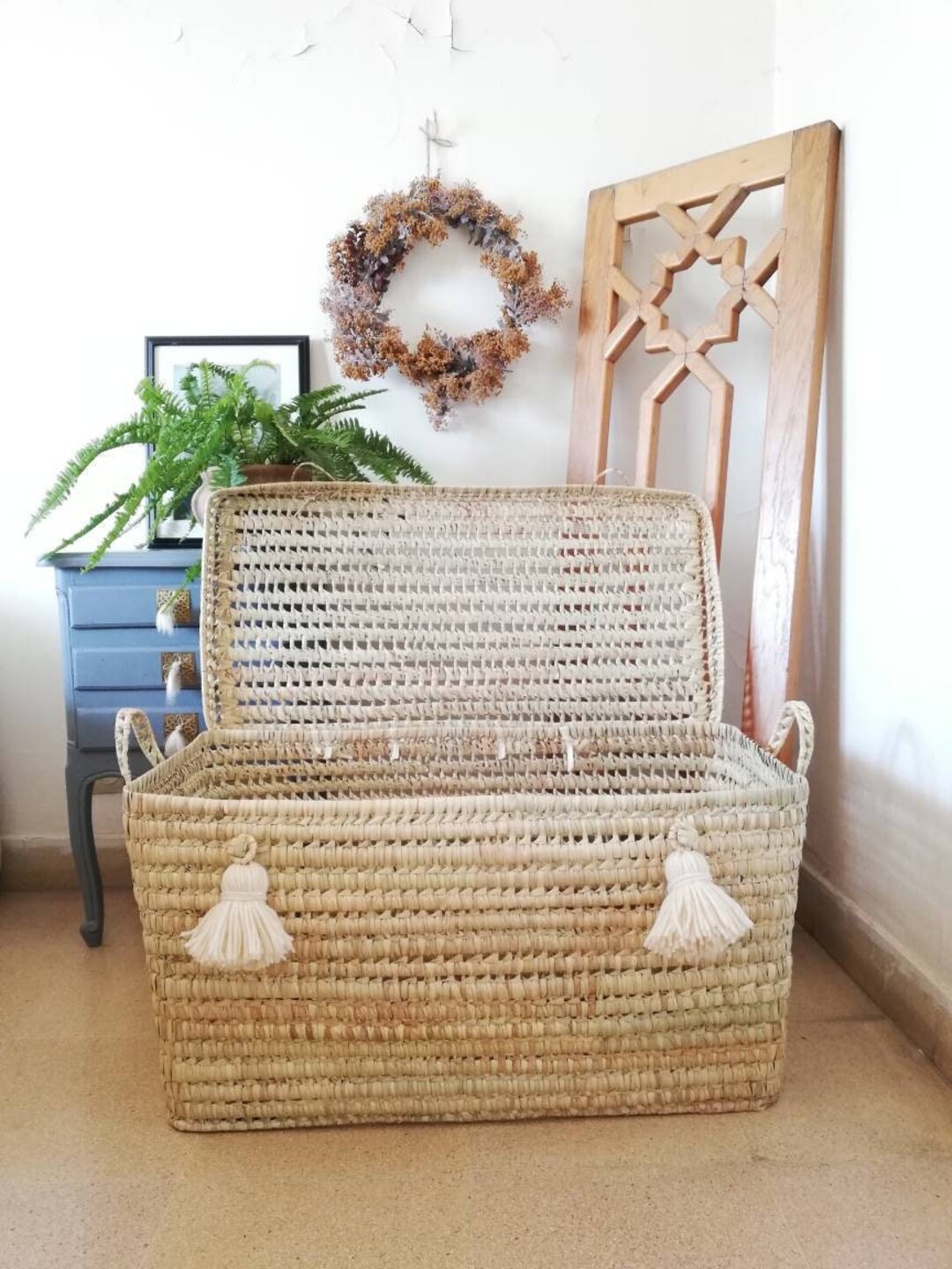 Large Wicker Toy Chest 31 Inches With Pompoms Big Straw Storage Trunk