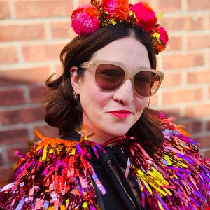 Hot Pink, Orange and Gold Tinsel Cape, Festival Fashion, Fringe Cape, Party Cape, LGBTQ Pride, Tinsel Fringe, Adult Cape, Children’s Cape
