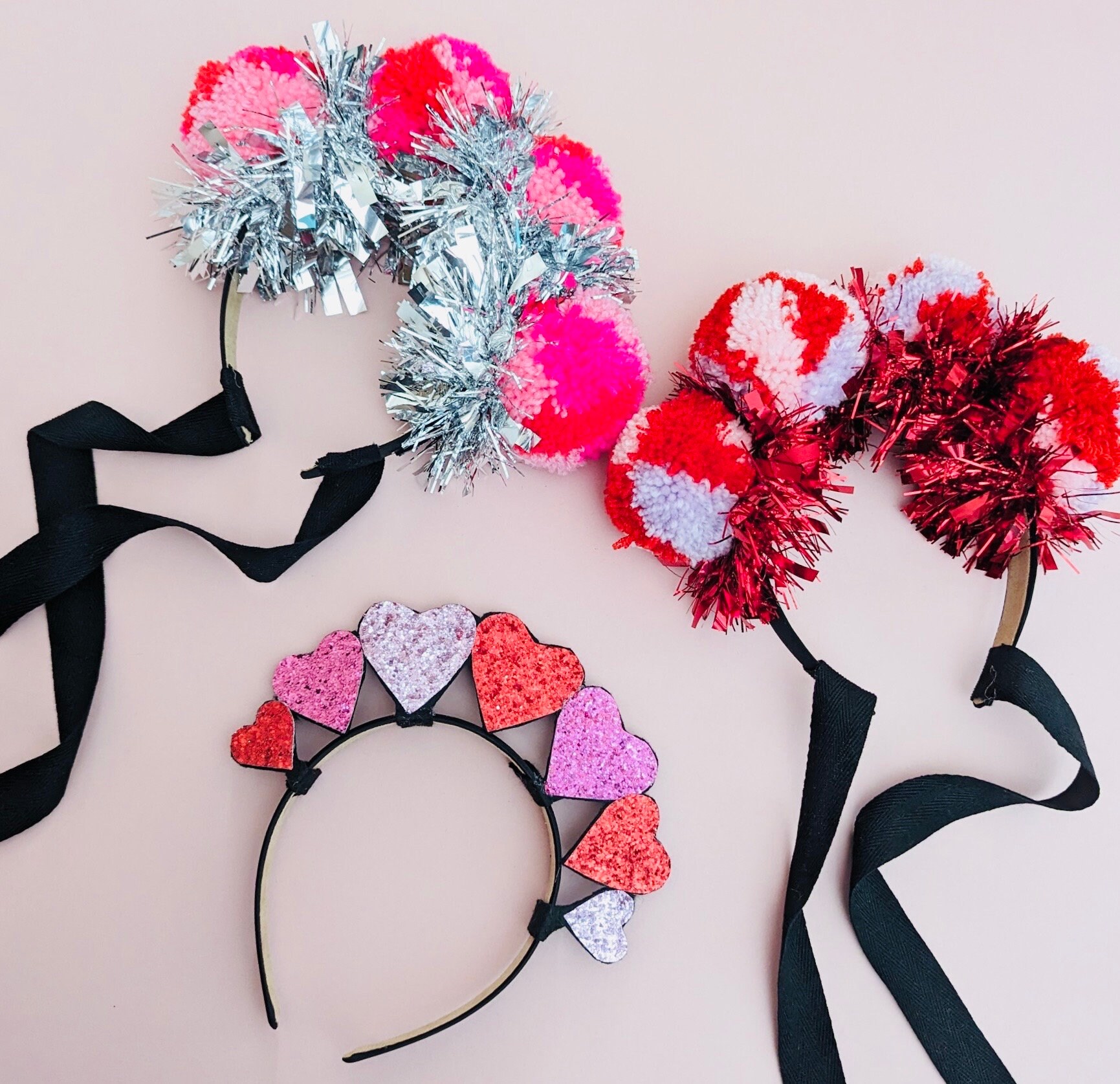 Valentines Pink Tinsel and Pom Pom Headband, Adult and 