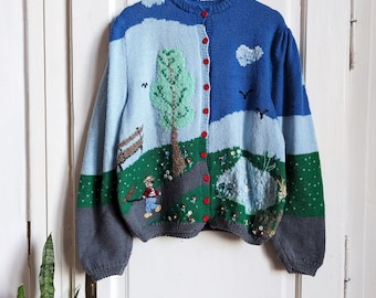 Vintage Handmade Cottagecore Cardigan | Embroidered Grandma Sweater | Folk Art Knit | Storybook Landscape Knitwear