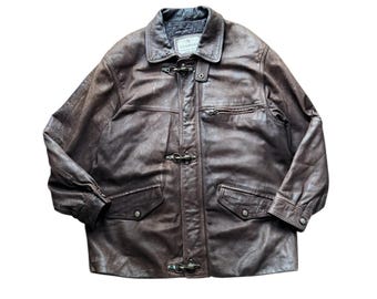Vintage Brown Leather Fireman Jacket | Mens XL Toggle Clasp