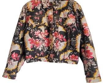 80s Kenzo Jeans Japanese Asian Print Denim Jacket With Fake Fur