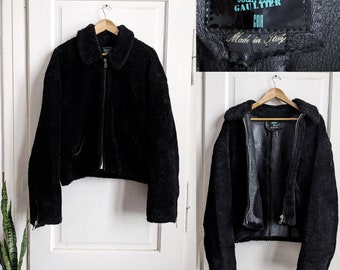 Chaqueta de piel de oveja de Jean Paul Gaultier, abrigo de aviador de piel de oveja negra
