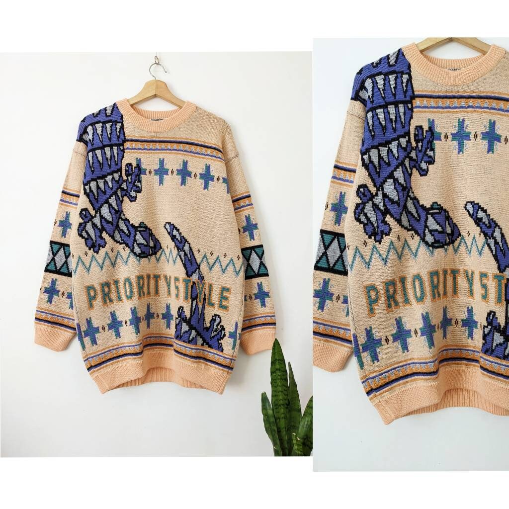 Vintage Sweater Oxbow Style Priority Oversize Overprint Multicolor Peach Colour