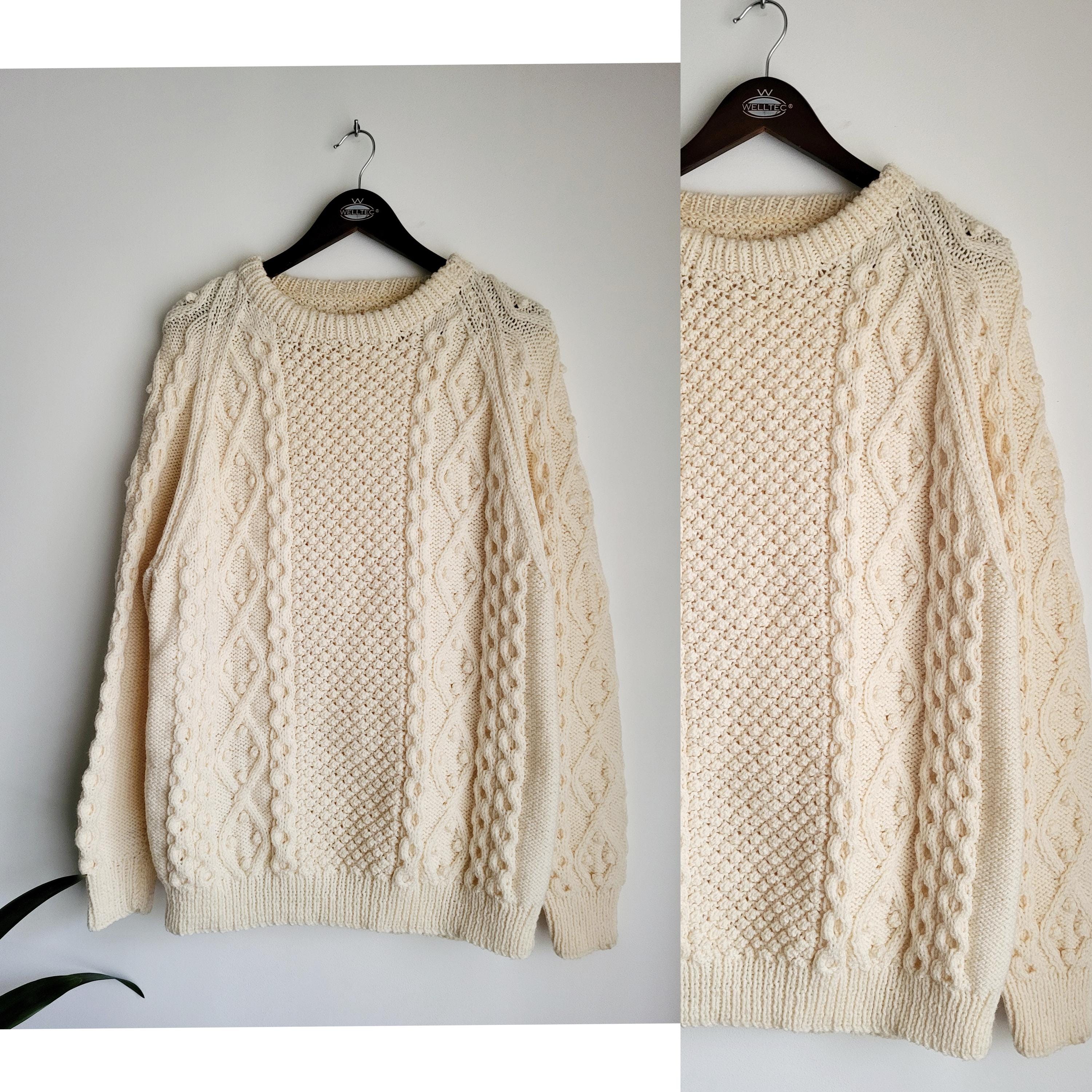 Vintage Irish Fisherman Cable Knit Sweater | Cream Beige Wool Aran