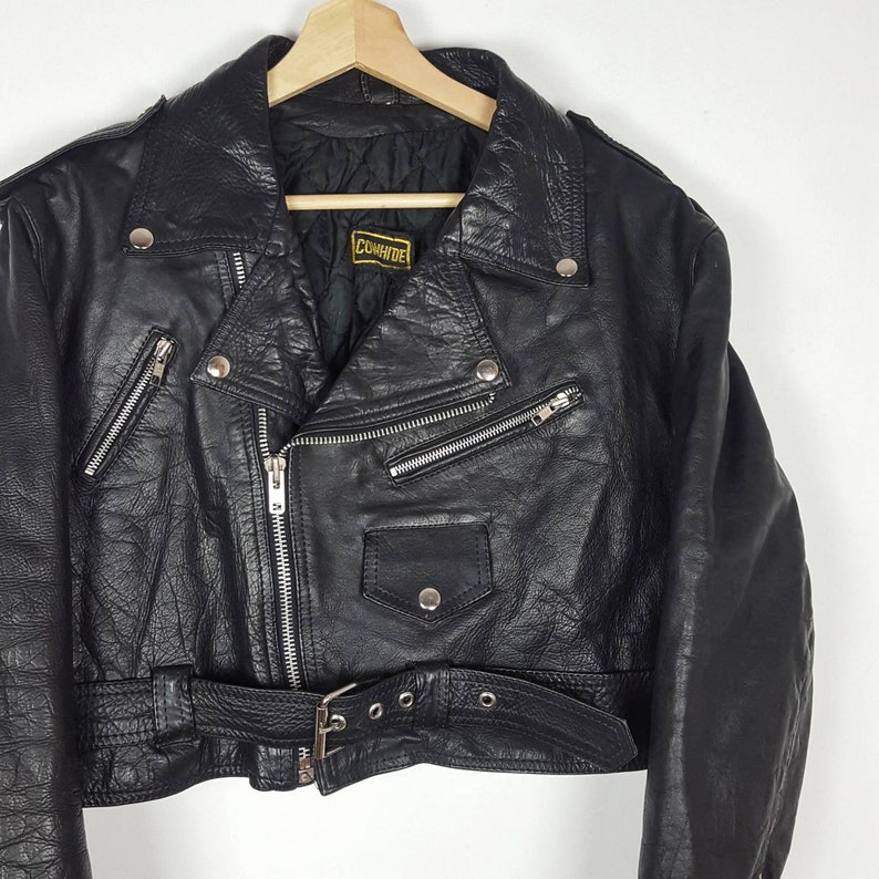 Vintage Leather Motorcycle Women Jacket Black Punk Grunge Retro Cowhide