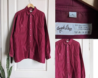 Vintage Silk Shirt Button Down Burgundy Blouse L