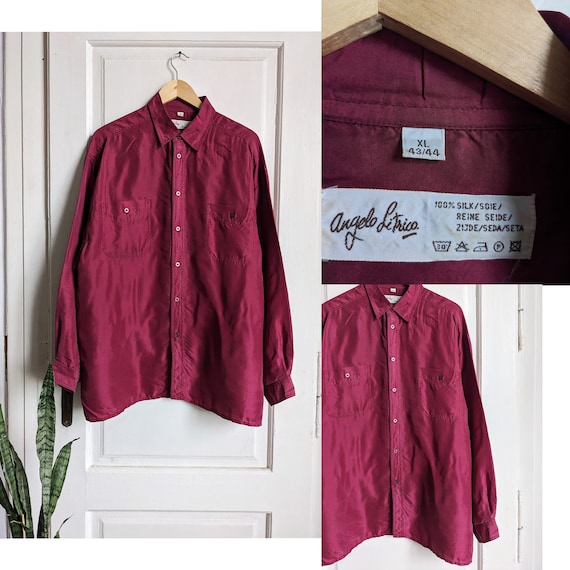 Vintage Silk Shirt Button Down Burgundy Blouse L - image 1