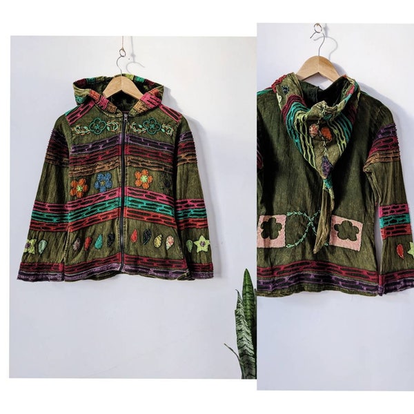 Merlin Multicolor Patchwork Hoodie Flowers Applique Hippie Floral Nepal Ethnic