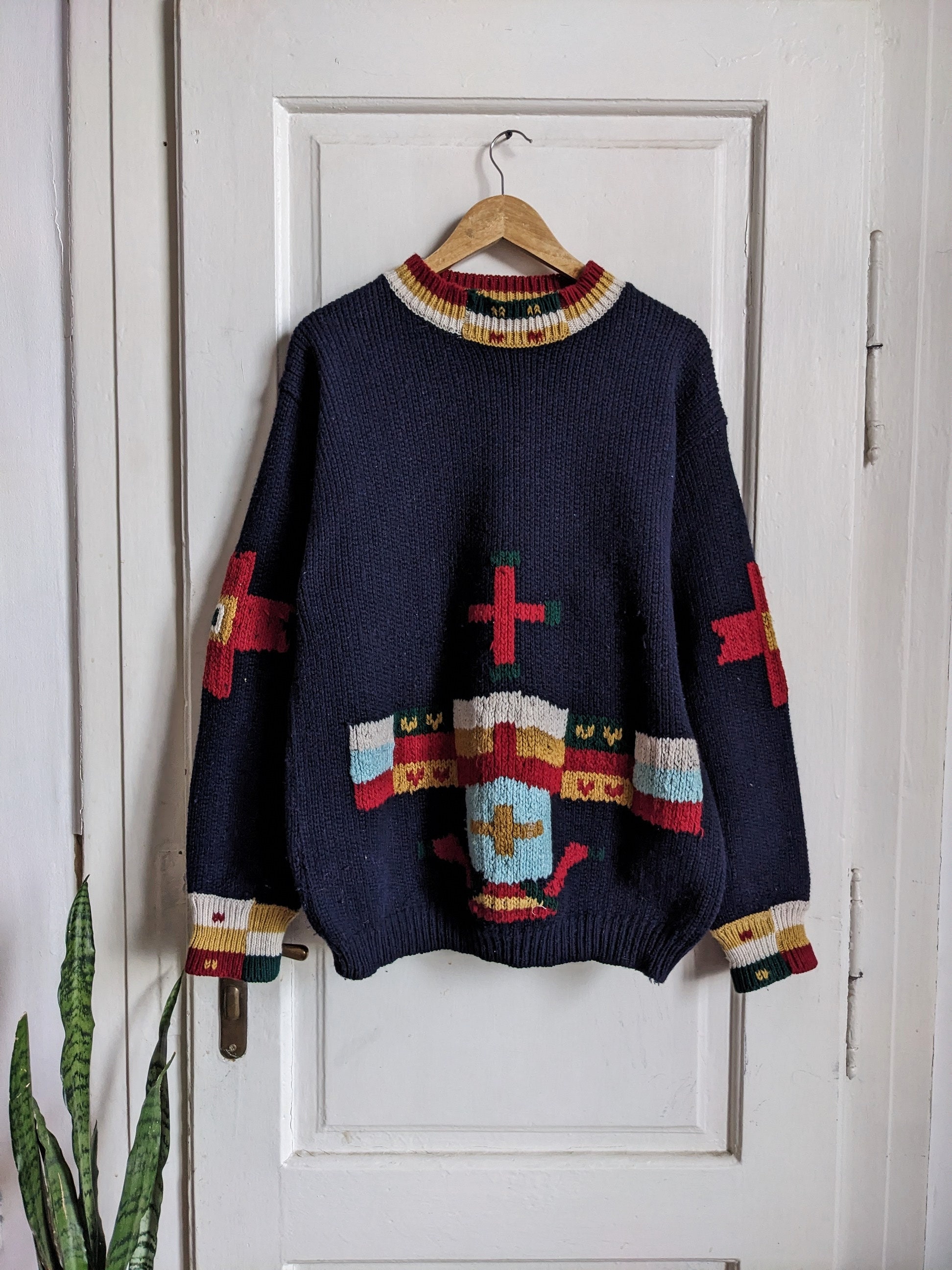 Vintage Hand Knit Sweater | Navy Heraldic Cross Wool Jumper | M - Etsy