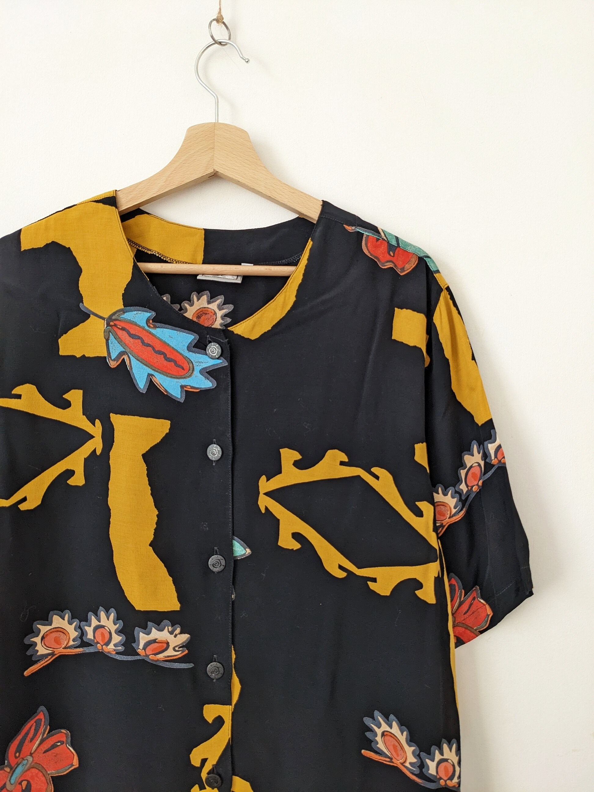 Chemisier Vintage Femme Années 90 Imprimé Abstrait Coloré, Manches Longues Taille S