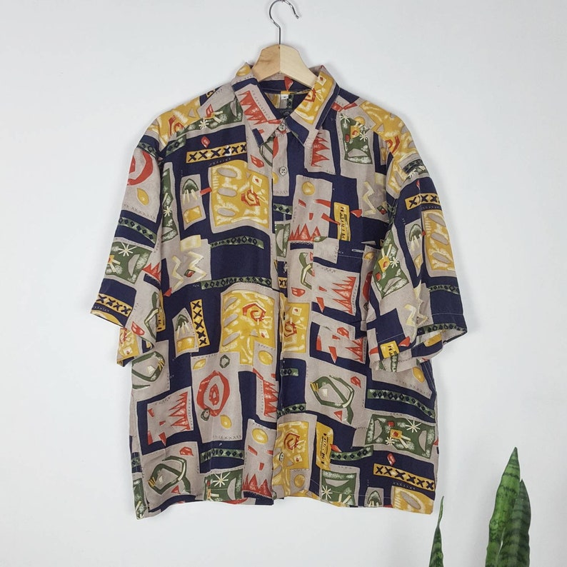 Vintage Silk Shirt Short Sleeve Abstract Print Multicolor - Etsy