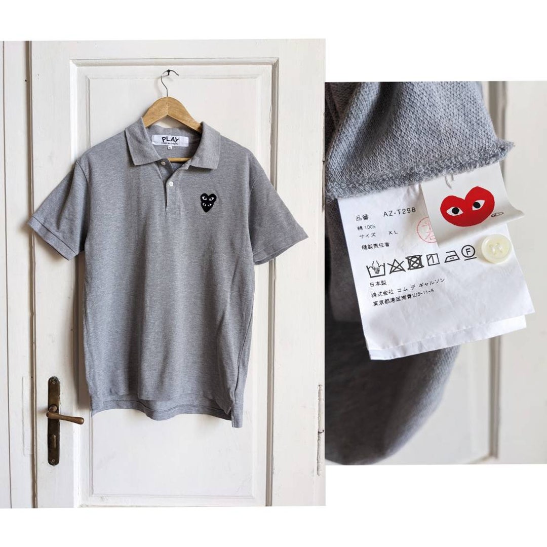 Comme Des Garcons PLAY Stacked Heart Polo Shirt - Grey CDG Comme Des Garcons PLAY Stacked Heart Polo Shirt - Grey CDG