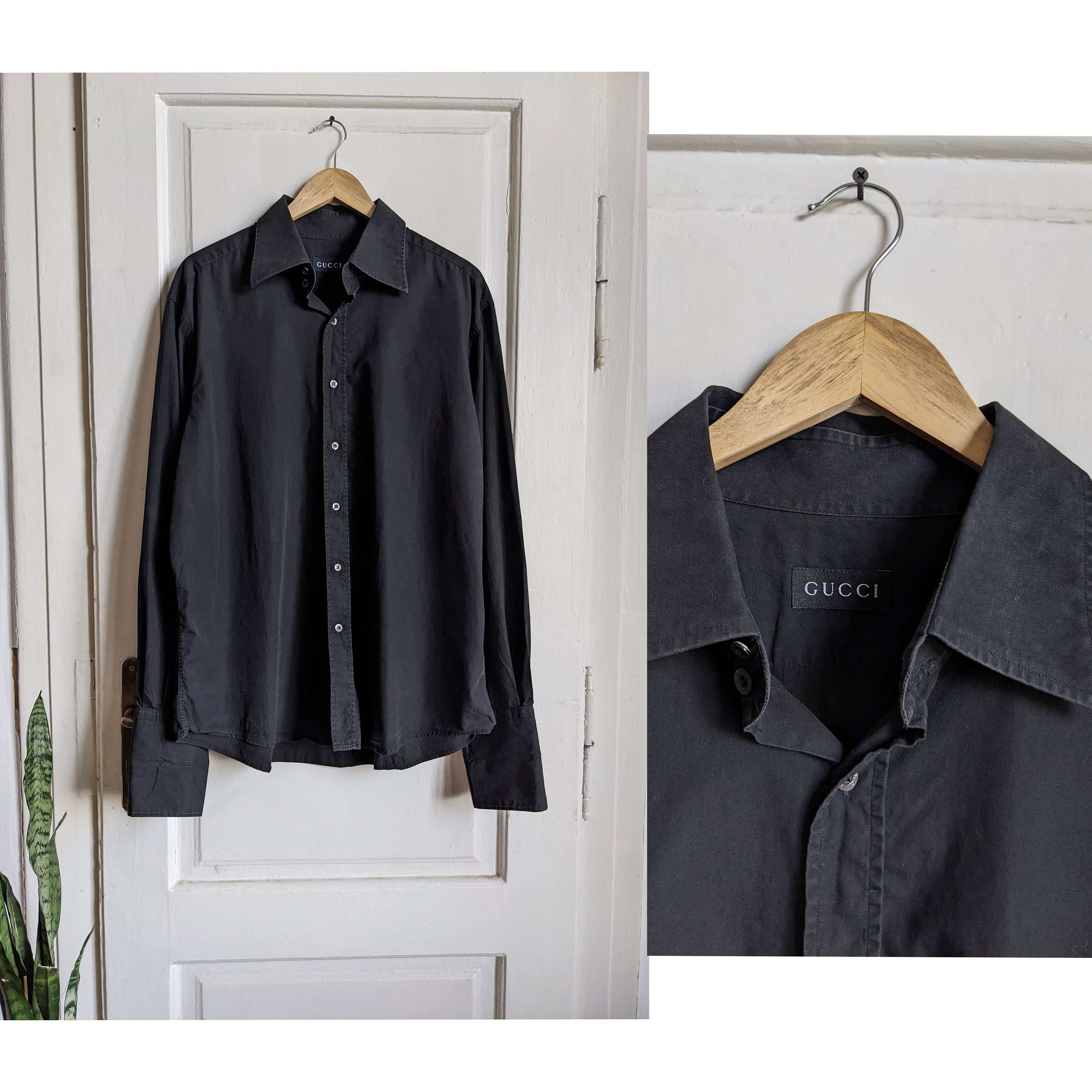 2000s Gucci Black Mens Shirt French Cuff Button Up 
