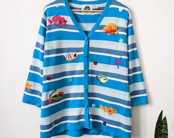 Vintage Fish Embroidered Cardigan: Blue Striped Ocean Knit Sweater