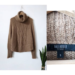 Hallhuber Trend Kid Mohair Bat Sweater Cable Knit Brązowy Puszysty