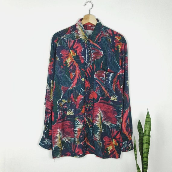 Vintage Multicolor Shirt Flowers Tropic Art 90s V… - image 1