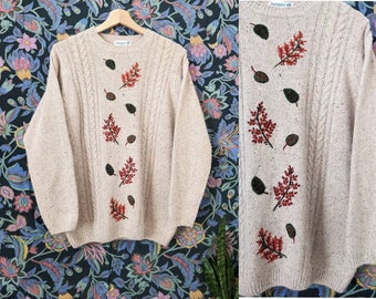 Vintage Knitted Sweater Emroidered Leaves Silk Angora Floral  Handmade