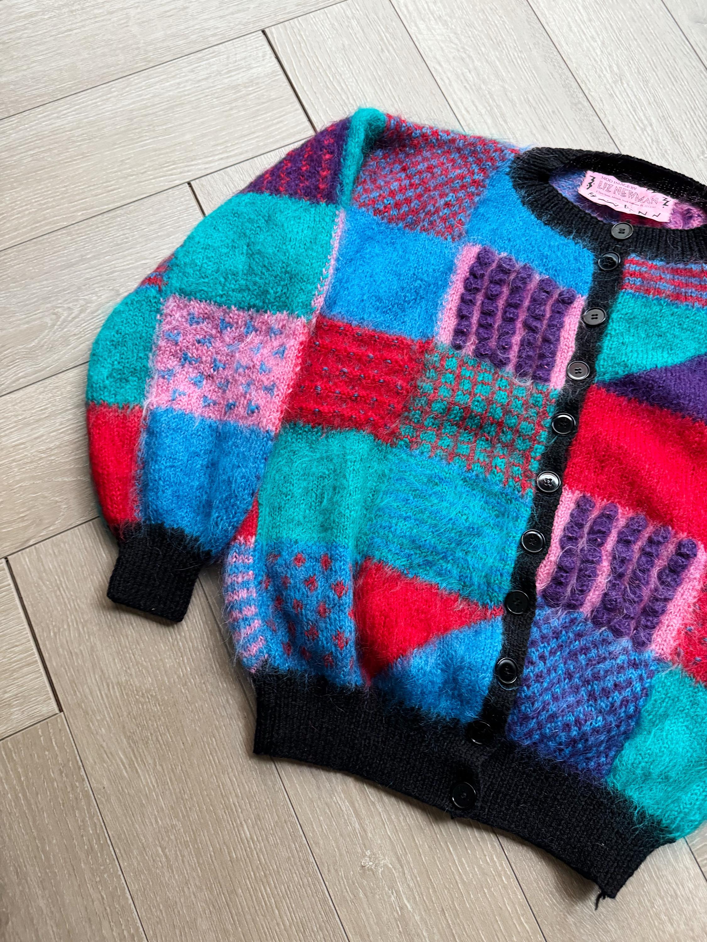 Vintage 80s Bold Patchwork Mohair Cardigan | Multicolor 3D