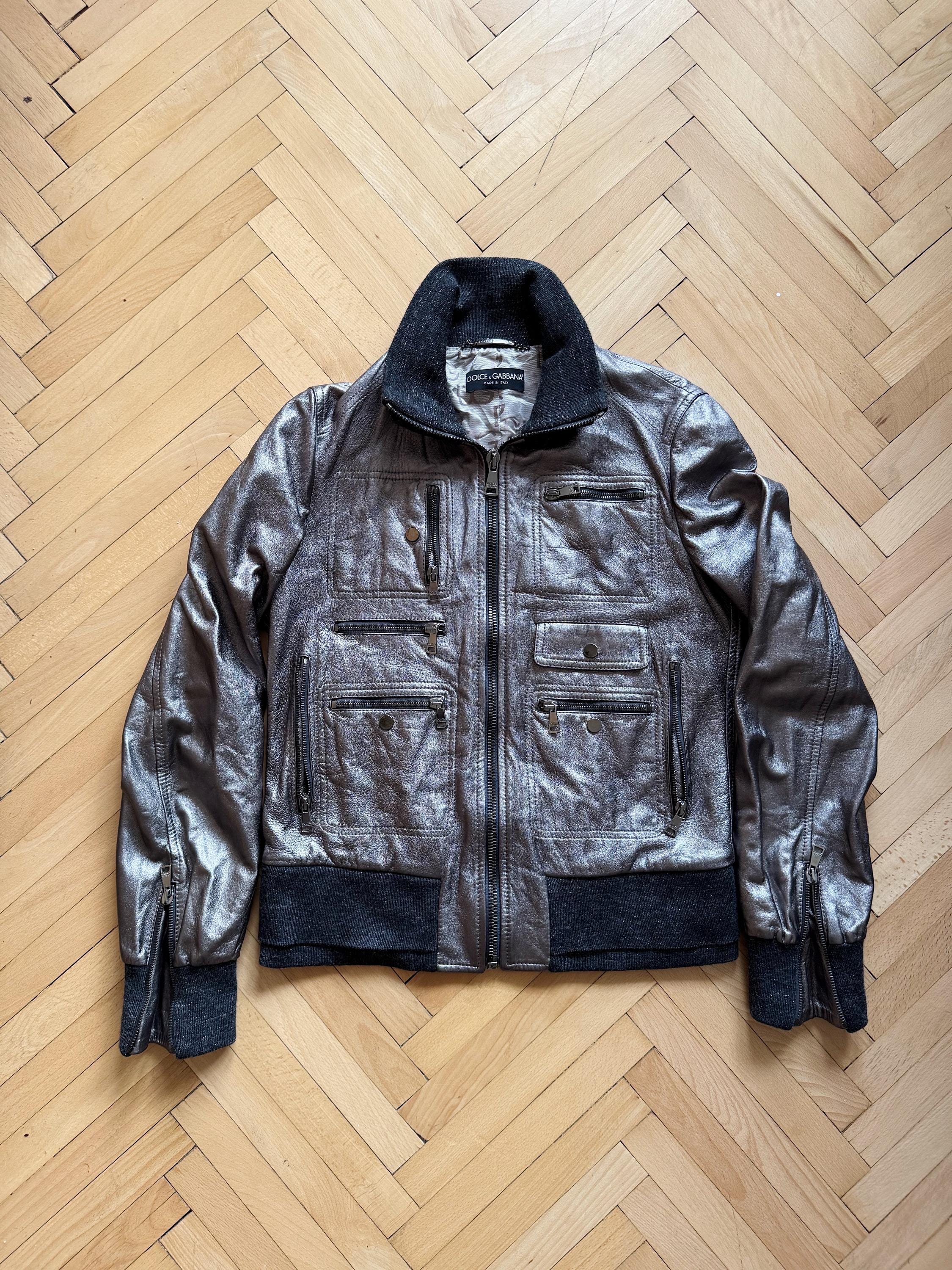 【00s】DOLCE&GABBANA Leather Bomber Jacket Vintage 2000s Dolce Gabbana Silver Leather Bomber Jacket | Made in