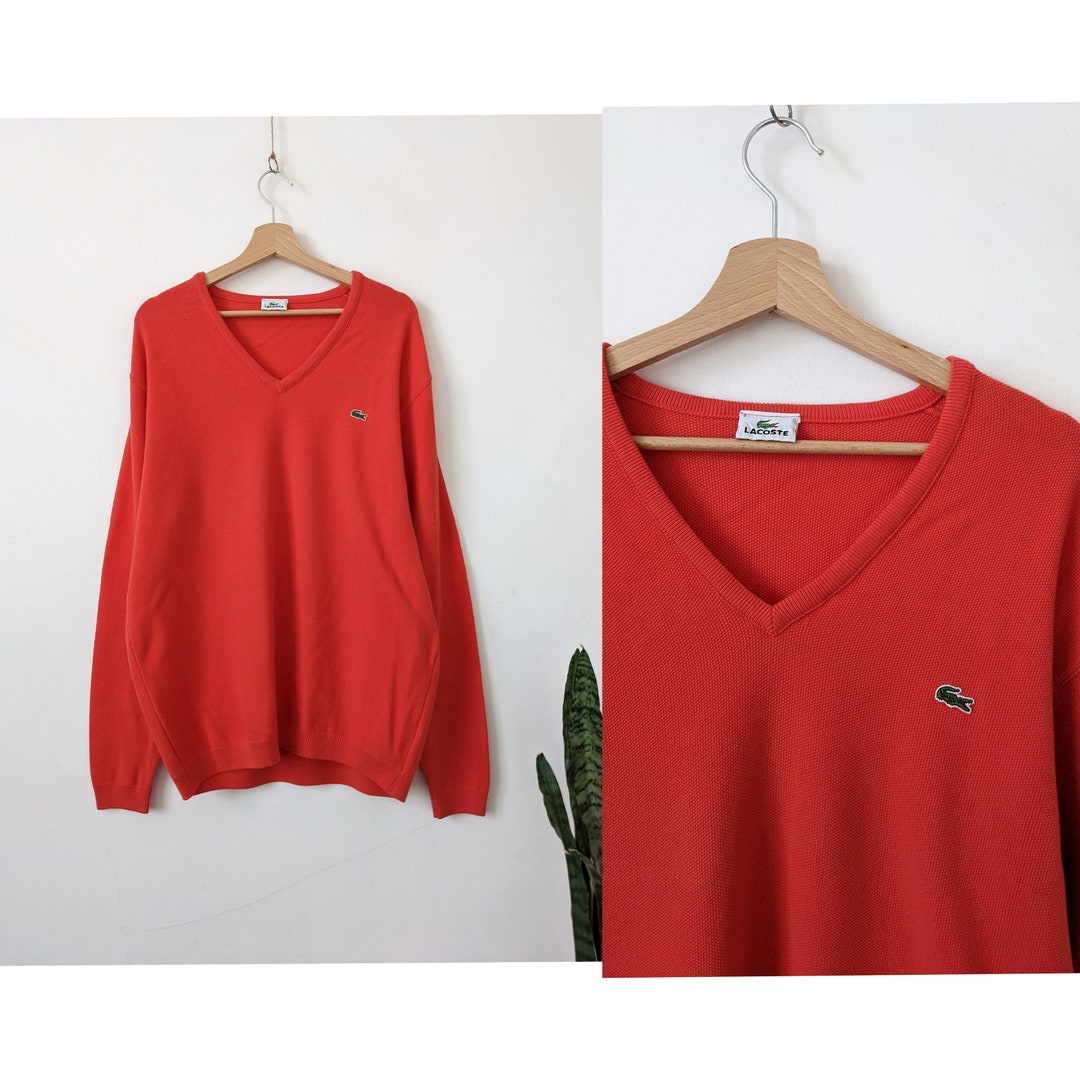 Lacoste V-neck cotton knit sweater, women's size M cotton brown type Vintage Second Hand