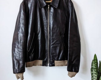 Vintage Brown Leather Bomber Jacket, Italian Zip, 90s Biker Style, Men's Size M