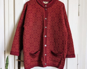 Dale Of Norway Wool Cardigan | Red Norwegian Sweater | Fair Isle Knit | size L
