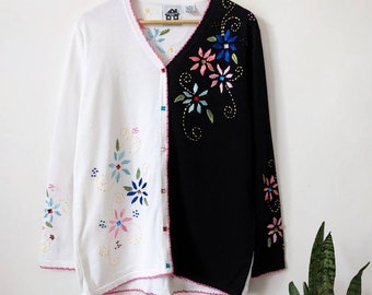Vintage Storybook Knits Floral Embroidered Cardigan | Two Tone Black White Cottagecore Gift Her