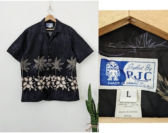 Vintage buntes buntes Hawaiihemd | Black Palm Bordürendruck | Hergestellt in Hawaii Aloha L