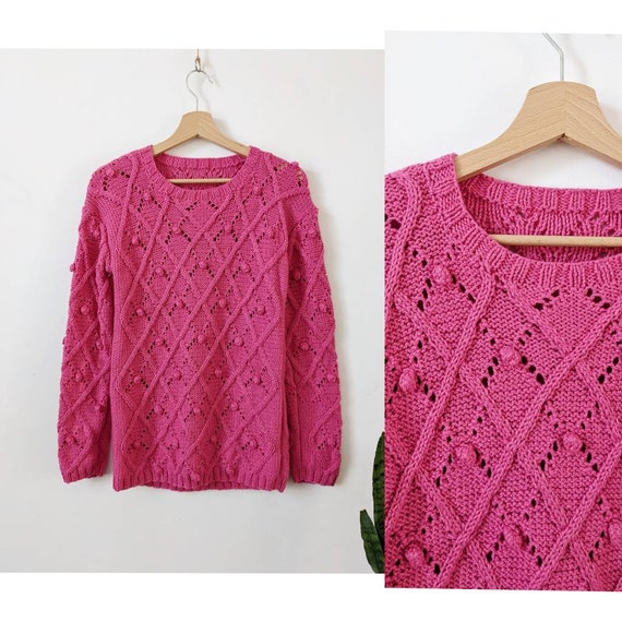 Pink Handknitted Sweater Openwork Handmade Vintage - image 1