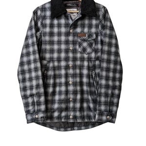 May include: A black and white plaid jacket with a black faux fur collar. The jacket has a button-up front, a small chest pocket, and two side pockets with zippers. The jacket is hanging on a wooden hanger.