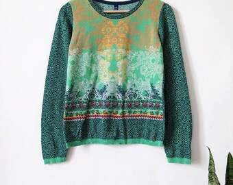 Vintage Green Paisley Knit Sweater | Teal Gold Pattern Jumper | 90s Boho | Crew Neck