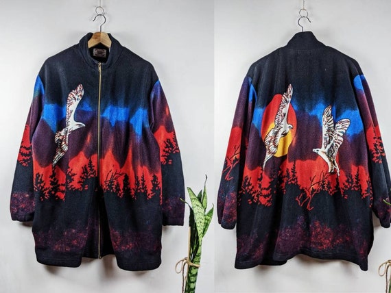 Vintage Fleece Jacket Jacques Lorant Native Print Eagle Art Forest