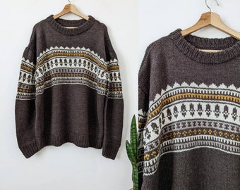 Pull vintage tricoté à la main pour homme, motif ornement marron, surdimensionné