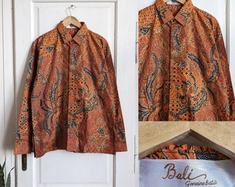 Vintage Batik Hand made Shirt Button Up Longsleeve Orange Indonesian Bali Shirt