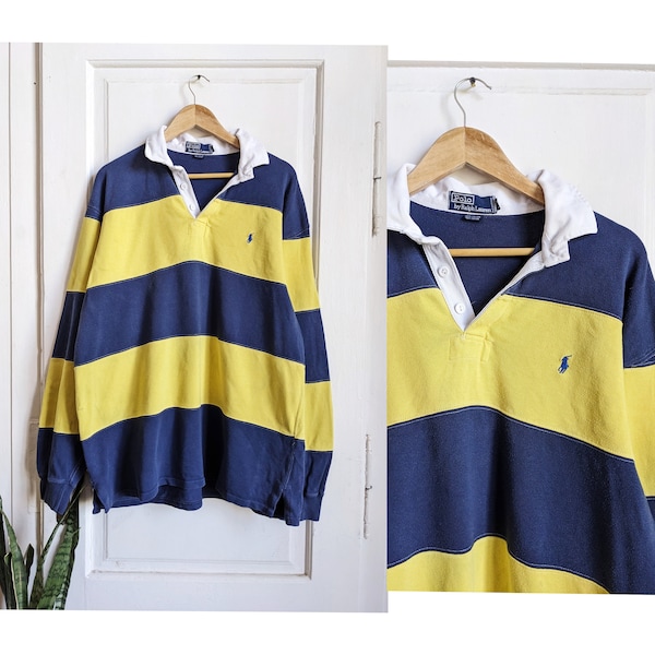 Vintage Polo Ralph Lauren Rugby Shirt Longsleeve Striped Yellow Blue