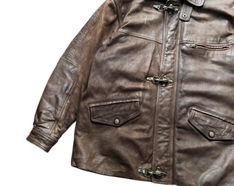 Vintage Brown Leather Fireman Jacket | Mens XL Toggle Clasp