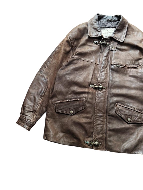 ジャケット・アウター vintage leather fireman jacket brown Vintage Fireman Claps Brown Leather Jacket XL | Distressed Clasp