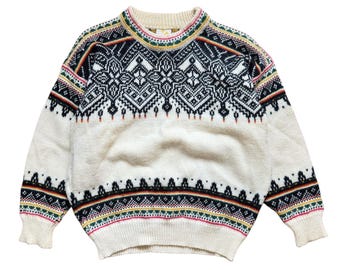 Jersey de lana con adornos de Dale of Norway de los años 80 / Jersey nórdico beige / Talla M