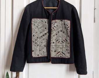 Black Linen Jacket Hmong Tribal Panel | Ethnic Woven Front Patch | Collarless Cropped |