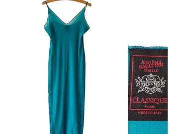 Vintage Jean Paul Gaultier Maille Classique Teal Slip Mesh Dress 90s Italian Made Sheer Maxi Dress with Lace Hem
