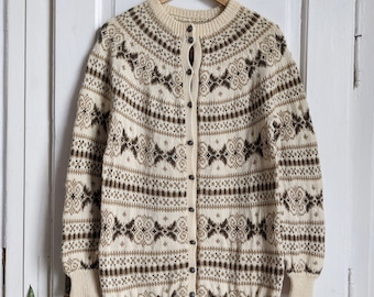 Vintage Icelandic Wool Cardigan | Fair Isle Knitted Nordic Style Sweater | Heavy Warm Winter Knit