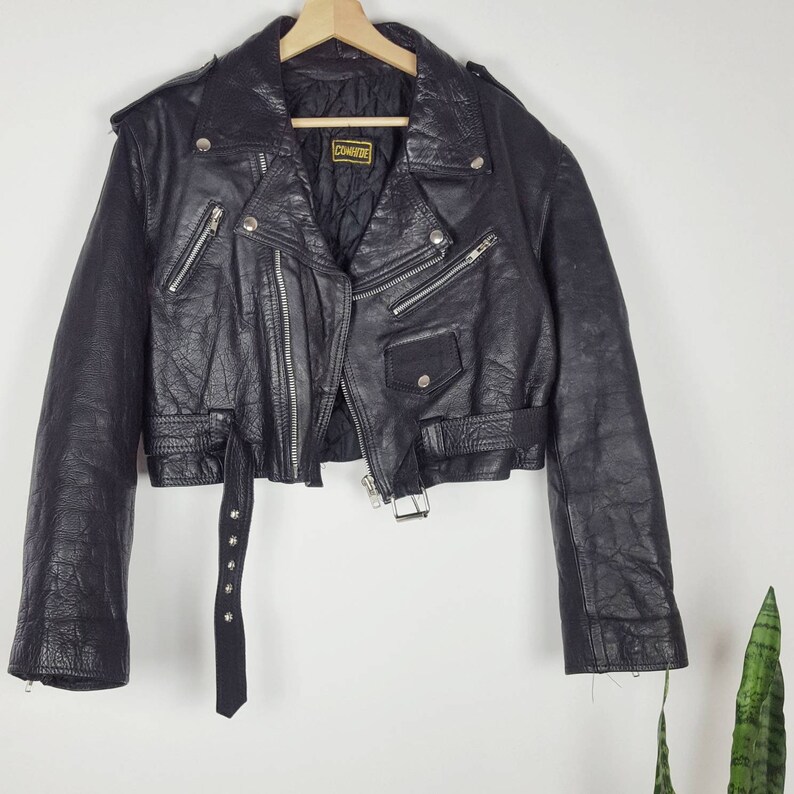 Vintage Leather Motorcycle Women Jacket Black Punk Grunge Retro Cowhide