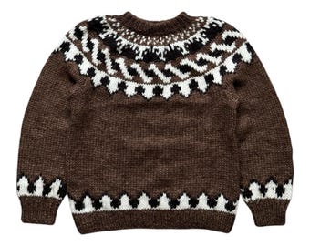 Jersey de lana islandesa vintage / Jersey nórdico de punto a mano Lopapeysa con canesú / Jersey escandinavo marrón y blanco noruego