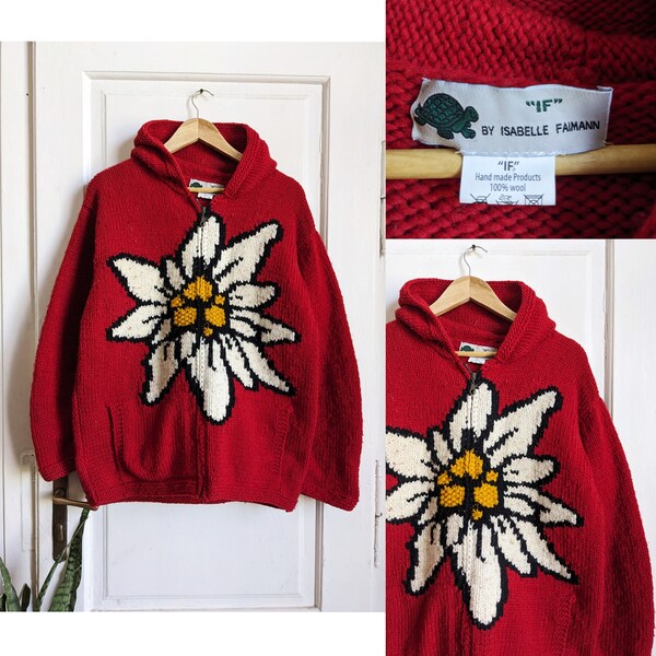 Handmade Embroidered Edelweiss Knitted Zip Hoodie  Isabelle Faimann