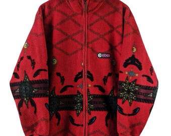 Vintage Teddy-Fleece-Jacke | Rot gemusterter Reißverschluss | Größe 44 Eider