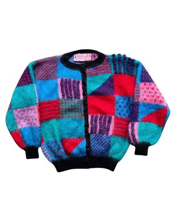 Vintage 80s Bold Patchwork Mohair Cardigan | Multicolor 3D